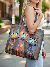 cheap Vacation &amp; Travel Bags-Women's Polyester Tote Bag, Large Capacity with Zipper, Multiple Cat Designs, Perfect for Vacations, Shopping, and Everyday Casual Use