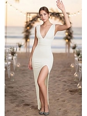 cheap Little White Dresses-Sheath Column Floor Length White Dress Little White Dress Elegant Open Back Sleeveless V Neck Evening Party Wedding Stretch Fabric Backless with Ruched Slit