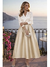 cheap Cocktail Dresses-Two Piece Tea Length Cocktail Dresses Party Dresses Elegant Color Block Long Sleeve V Neck Wedding Party Wear Satin with Pleats