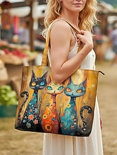 cheap Vacation &amp; Travel Bags-Women's Polyester Tote Bag, Large Capacity with Zipper, Multiple Cat Designs, Perfect for Vacations, Shopping, and Everyday Casual Use