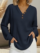 billiga Enkel t-shirt-Dam Texturblus Våffelskjorta Våffel T-shirt Blus Knappar Slät Stylish Klassisk Modern Långärmad V-hals Vanliga toppar Dagligen Helgdag Utekväll Svart Vit Rubinrött Marinblå Vår Höst