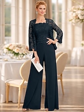 cheap Mom's Jumpsuits-Jumpsuit Pantsuit 3 Piece Floor Length Mother of the Bride Dress Sleeveless Square Neck Elegant Plus Size Formal Wedding Guest Chiffon Corded Lace Wrap Included with Lace Appliques
