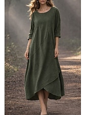 cheap Plain Dress-Women's Midi Dress Shift Dress Casual Daily Loose Fit Plain 3/4 Length Sleeve Crew Neck Black Green Gray Summer Fall Autumn