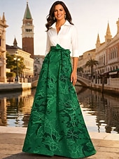 levne Délka podlahy-A-Linie Na zem Košilové šaty Šaty pro svatební hosty Formální šaty Šaty pro matku nevěsty Dlouhý rukáv Košilový límec Elegantní Vinobraní Formální Strečová látka s Šerpa / Stuha Barevné bloky