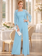 cheap Mom's Jumpsuits-Jumpsuit Pantsuit 3 Piece Floor Length Mother of the Bride Dress Sleeveless Square Neck Elegant Plus Size Formal Wedding Guest Chiffon Corded Lace Wrap Included with Lace Appliques