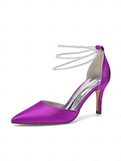 Недорогие Невеста-Женские серебристые атласные туфли на каблуке с острым носком и жемчужными ремешками на щиколотке, элегантные свадебные туфли для пляжной свадьбы.