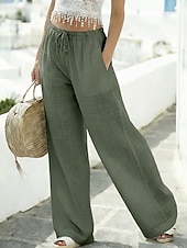 baratos Partes inferiores-Calça feminina de verão 100% algodão, casual, comprimento total, cós elástico natural, design com cordão elástico, sem elástico, nas cores branco leitoso, carmim e verde escuro, para primavera e outono.