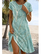 cheap Floral Dress-Women's Mini Dress Sundress T Shirt Dress Tee Dress A Line Dress Vacation Casual Outdoor Beach Going out Regular Fit Floral Graphic Leaf Short Sleeve Crewneck Deep Green Light Green Light Blue-White