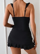 baratos Tankinis-Mulheres Roupa de Banho Tankini 2 partes Saia roupa de banho Frufru Compressão abdominal Cintura Alta Delgado Frente Única Férias Roupa de Praia Côr Sólida Decote V Sem Manga Fatos de banho