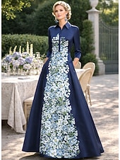 ieftine Lungimea podelei-Linia -A Lungime Podea Rochii Tip Cămașă Rochie pentru invitata de nunta Rochie formala Rochie Mama Miresei Manșon Lung Guler Cămașă Elegant Epocă Nuntă Oficial Satin cu Imprimeu Floral
