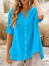 preiswerte Hemden-Damen Bluse Kunstbaumwollleinen Einfarbig Elegant Stilvoll Basic Kurzarm V Ausschnitt Normale Oberteile Täglich Blau Schwarz Purpur Grün Beige Sommer Frühling Herbst