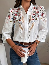 cheap Floral Blouses-Women's Blouse Embroidered Print Floral Stylish Casual Long Sleeve V Neck Mandarin Collar Regular Tops Daily Blue Red Green Summer Spring Fall