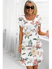 billiga Chiffongklänningar-Dam Midiklänning Sommarklänning Klänning med tryck Elegant Dagligen Normal Blommig Geometrisk Kortärmad Rund hals Ljusgul Ljusrosa Ljusrosa Dammig ros Sommar