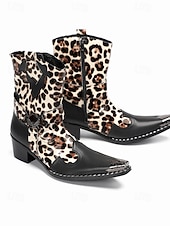 baratos Homens-Botas masculinas de couro legítimo para festivais, com estampa de leopardo, ideais para música.