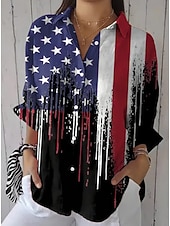 preiswerte Unabhängigkeitstag Top-Amerikanischer Unabhängigkeitstag Damen Hemd Gerafft Blumen Grafik Flagge Vintage Stilvoll Langarm Flattrige Ärmel Glockenärmel Hemdkragen Normale Oberteile Täglich Arbeit Ferien Blau Schwarz Rot