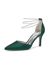 Недорогие Невеста-Женские серебристые атласные туфли на каблуке с острым носком и жемчужными ремешками на щиколотке, элегантные свадебные туфли для пляжной свадьбы.