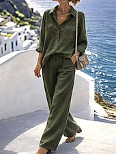 preiswerte Blusenanzüge für Damen-Damen Hosen-Sets Bolero Langarm Hemdkragen Einfarbig Mode Streetwear Lässig Täglich Outdoor Armeegrün Sommer Lässiger Schnitt