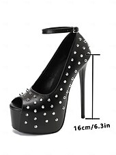voordelige Open Teen Pumps-Zwarte stilettohakken met studs en plateauzool voor dames – stoere paaldansschoenen voor het nachtleven.