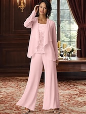 abordables Trajes de pantalón de mamá-Traje de pantalón Traje de 3 piezas Hasta el Suelo Vestido de Madrina Sin Mangas Barco de cuello Elegante Talla Grande Bolero incluido Formal Invitado a la boda Gasa con Encaje