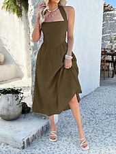 abordables Vestidos casuales blancos-Mujer Vestido Midi Vestido blanco Vestido de cuello halter Elegante Moda Moderno Exterior Vacaciones Noche Ajuste regular Plano Sin Mangas Cuello halter Azul Piscina Negro Blanco Rosa Verano Primavera