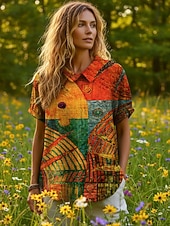  женская блузка пуговицы принт графический геометрический богемный отпуск винтаж короткий рукав текстурированная ткань рубашка воротник обычный топы повседневный отдых выход в свет красный лето весна