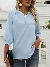 abordables Blusas Sencillas-Mujer Blusa Botones Color sólido Elegante Casual Manga 3/4 Escote en Pico Tops regulares Diario Azul Piscina Verde salvia Negro Blanco Rosa Verano Primavera Otoño