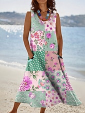 tanie Sukienki kwiatowe-Damskie Sukienka midi Sukienka letnia Sukienka A line Urlop Codzienny Boho Święto Luźna Kwiaty Graficzny Bez rękawów Dekolt w kształcie litery U Niebieski Żółty Rumiany róż Zielony Lato Wiosna