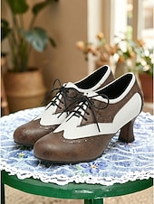 levne Retro styl 50. let-Dámské vintage černobílé oxfordské boty z 50. let - klasické dvoubarevné sedlové brogy se šněrováním na retro párty a swingový tanec &amp;preppy denní nošení
