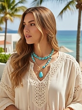 رخيصةأون اكسسوارات العطلة-قلادة نسائية بوهيمية متعددة الطبقات من الفيروز، وقلادة من الخرز المصنوع من الأحجار الصناعية وسلسلة من سبيكة الذهب مع قلادة على شكل دمعة، مناسبة لعطلات الصيف الشاطئية البوهيمية والاستخدام اليومي غير الرسمي