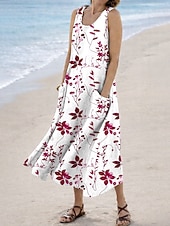 abordables Vestidos florales-Mujer Vestido Midi Vestido de verano Vestido de una línea Vacaciones Casual Boho Festivos Holgado Floral Graphic Sin Mangas Escote en U Azul Piscina Rojo Morado Verde Trébol Verano Primavera