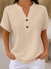 abordables T-shirt uni-Femmes Tee-shirt Gaufre T-shirt Boutons Devant Manchette roulée Élégant Occasionnel Manche Courte Col en V Hauts Réguliers Quotidien Sortir Vêtements de vacances Blanche Kaki Été Printemps