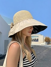 Недорогие Женские шляпы-Женская складная солнцезащитная шляпа в стиле бохо с чехлом для хранения, портативная пляжная шляпа из полиэстера с широкими полями, различных цветов, для повседневной носки, путешествий, отдыха и курортного отдыха.
