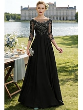 economico Lunghezza del pavimento-Linea ad A Lunghezza al pavimento Abito da invitata a nozze Abito Formale Abito da sera Abito da cerimonia per signora Manica 3/4 Collo gioiello Elegante Ricevimento di matrimonio Chiffon Pizzo con