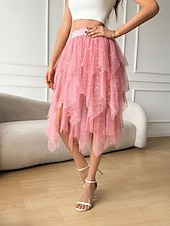 abordables Jupes de Fête-Femmes Jupe de vacances Élégant Mode Mignon Occasionnel Midi Taille Basse Jupes Uni Paillettes Taille Élastique Ourlet irrégulier Micro-Élastique Quotidien Vacances Noir Rose Été