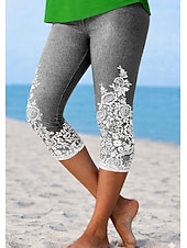 tanie Niebieski druk 3D-Damskie Getry Urlop Moda Hawajskie Capris Średni Talia Kwiaty Graficzny Drukowanie Nadruk Komfort Miękka Oddychający Wysoka elastyczność Codzienny Urlop Formalny Niebieski popielaty Lato Wiosna