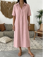 voordelige Witte jurk-Dames Halflange jurk Zonnejurk Zomerjurk Vakantie Casual Boho Dagelijks Feestdagen Uitgaan Ruim Passend Effen Korte mouw Revers blauw Grijs roze Zwart Geel Zomer Lente