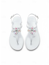 baratos Mulheres-Women's Elegant White Jelly Sandals - Waterproof T-Strap Flip Flops with 3D Flower &amp; Sparkling Rhinestone Decor for Beach Vacations, Summer Weddings &amp; Resort Wear