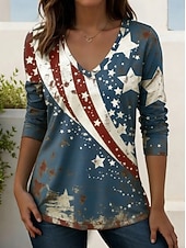 economico Magliette Giorno dell’Indipendenza-Giorno dell'Indipendenza Americana Per donna Maglietta Stampato Grafico Bandiera Americana Vintage Elegante Classico Manica Lunga Scollo a V Top Regolari Quotidiano Weekend Blu Nero Blu turchese