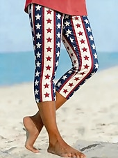  Γυναικείο κολάν κάπρι για την ημέρα της αμερικανικής ανεξαρτησίας, κομψό, ελαστικό, παντελόνι μέχρι τη γάμπα, μεσαίας μέσης, γραφικό, εθνική σημαία, τυπωμένο, άνεση, ελαστικό, υπαίθριες