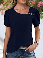 Χαμηλού Κόστους Δαντέλα κορυφές-Γυναικεία Πουκάμισο Πουκάμισο Pointelle Κορυφή ματιών Μπλούζα Μικρή Οπή Κουμπιά Σκέτο Βίντατζ Στυλάτο Κλασσικό Κοντομάνικο Ασύμμετρο Κανονικά μπλουζάκια Causal Καθημερινά Παραλία