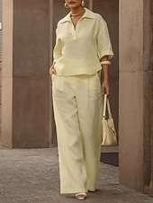 tanie Zestawy-Damskie Komplety lniane bawełniane Zestawy spodni Rękaw 3/4 W serek Jednokolorowe Moda Moda miejska Codzienny Na zewnątrz Niebieski Czarny Biały Wiosna i lato Luźna