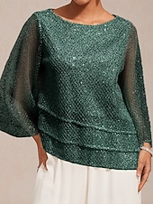 זול טופים מבד תחרה-בגדי ריקוד נשים חולצות תחרה פאייטים אשליה צבע אחיד אלגנטית מסוגנן שרוול 4\3 פעמון צווארון עגול קצר חולצות ארוכות יומי אורחת חתונה בגדי נופש ירוק האנטר קיץ אביב סתיו