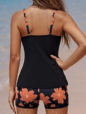 halpa Tankini-uimapuvut-Naisten Uima-asut Tankini 2 kpl Shortsit Uimapuku Vatsatuki Korkea vyötärö Ohut Avoin selkä Loma Ranta-asut Kukka U kaula-aukko Hihaton Uimapuvut