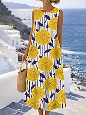 baratos Vestidos Florais-Mulheres Vestido midi Vestido de turno Vestidos Para o Verão Vestido A Line Férias Casual Boho Praia Festa Normal Floral Gráfico Sem Manga Gola Redonda Azul Amarelo Rosa Vermelho Verão Primavera