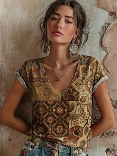  Per donna Maglietta Stampato Floreale Grafico Graffiti Bohemien Vintage Casual Manica Corta Scollo a V Top Regolari Quotidiano Blu Azzurro cielo Viola Verde Estate Primavera