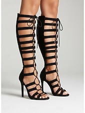 abordables Sandalias Gladiador-Tacones de aguja estilo gladiador negros para mujer: zapatos sexys para fiestas nocturnas y discotecas.