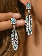 abordables Pendiente de mujer-Pendientes colgantes de hoja turquesa de aleación estilo boho para mujer, pendientes llamativos de plumas de estilo western vintage para uso casual, viajes, vacaciones y estilo resort.