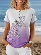 ieftine tricou floral-Pentru femei Tricou Imprimeu Nasturi de piept Floral Grafic Stilat Modern Casual Manșon scurt Henley Topuri obișnuite Zilnic Albastru piscină Galben Roz Îmbujorat Mov Trifoi Vară Primăvară