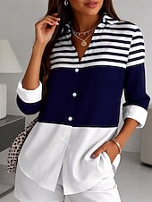 billiga Randiga och geometriska blusar-Dam Skjorta Blus Lappverk Knappar Mönster Grafisk Geometrisk Rutig Vintage Tropisk Dagligen Långärmad Tröjkrage Långa toppar Dagligen Blå Svart Rubinrött Marinblå Orange Sommar Vår