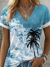 preiswerte Blumen-T-Shirt-Damen T Shirt Druck Blumen Grafik Pflanzen Vintage Stilvoll Klassisch Kurzarm V Ausschnitt Normale Oberteile Täglich Blau Weiß / blau Rosa Sommer Frühling